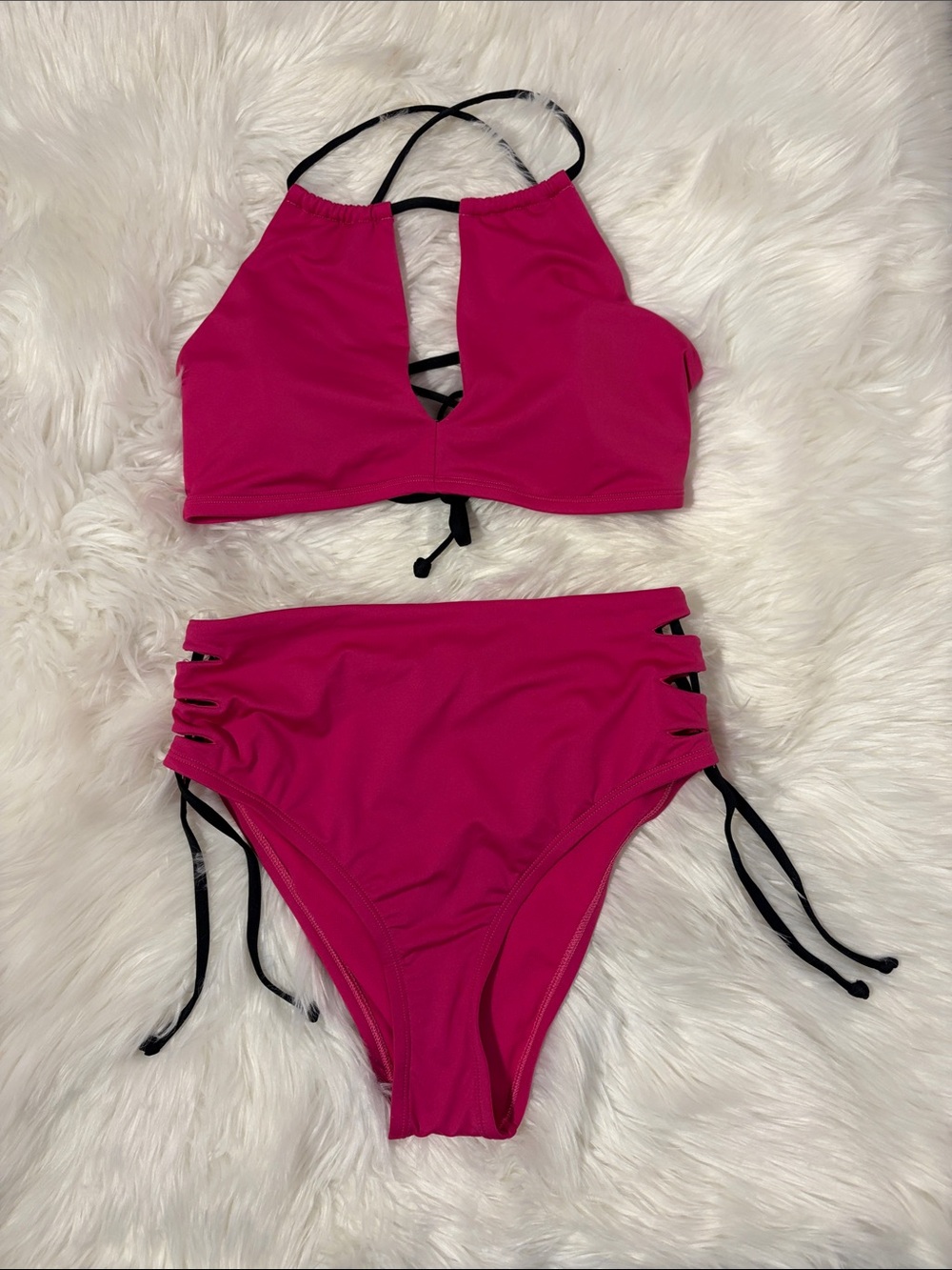 Nike Hot Pink High-Waist Bikini Set with Black Straps